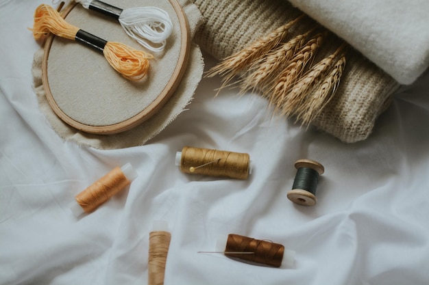 materiały do haftu: nici, igły, tkaniny